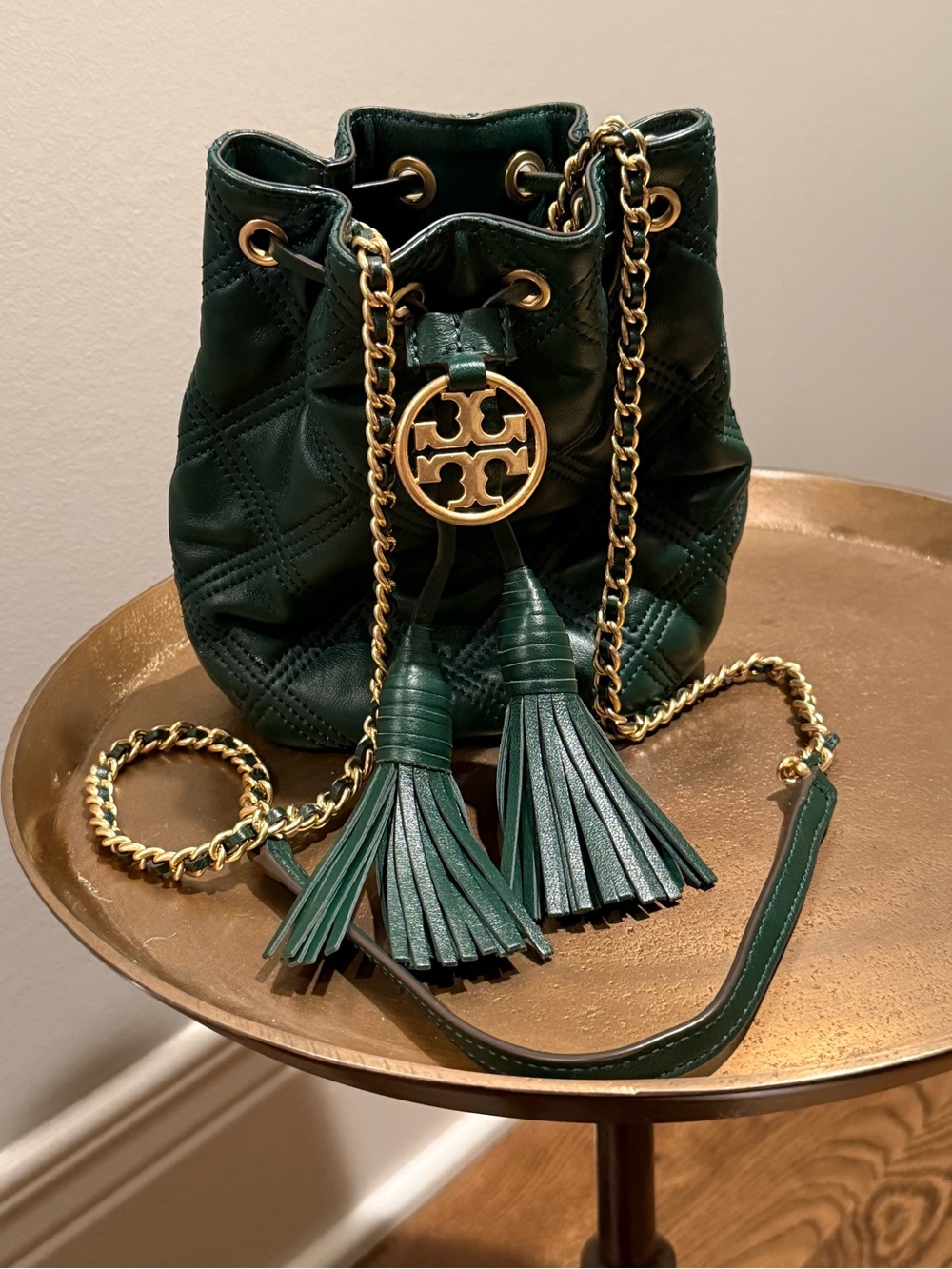 Tory Burch Dark Green Quilted Leather Tassel Drawstring Crossbody